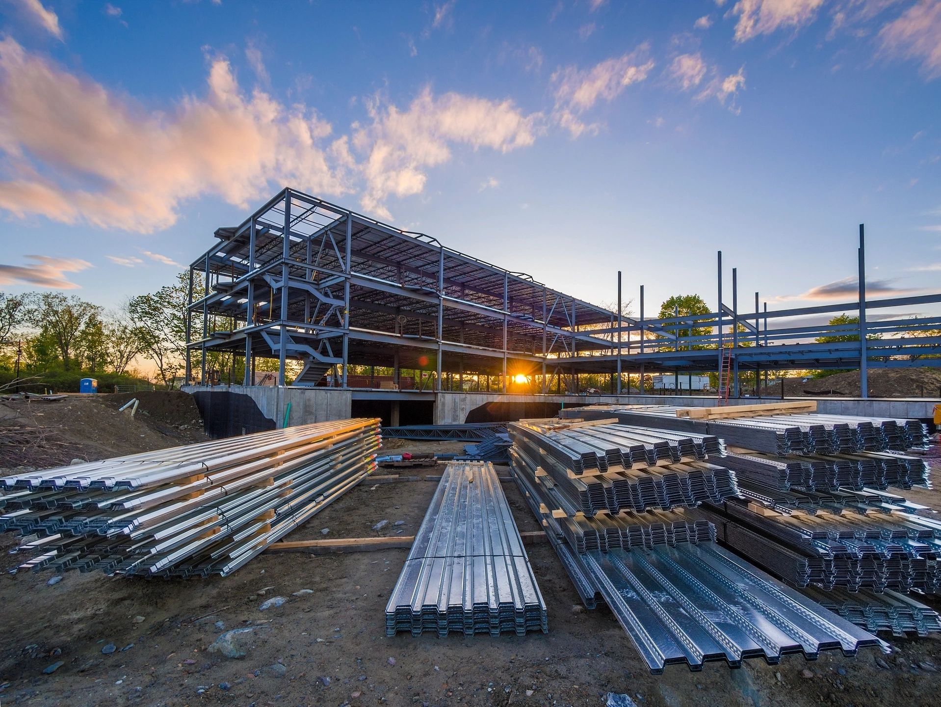 Steel frame construction at dusk